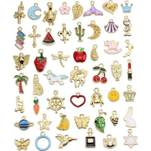 50pcs/set Alloy Enamel shell moon Butterfly Fruit star Fish tail Planet Charms Pendant Jewelry Making Decoration