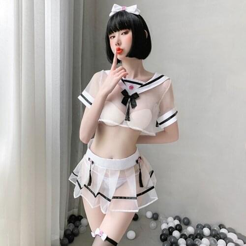 Girls Cosplay Anime Cat Uniform Perspective Sailor Collar Shirt Top See Through Skirt Adult Sexual Fantasy Student Role Play Set