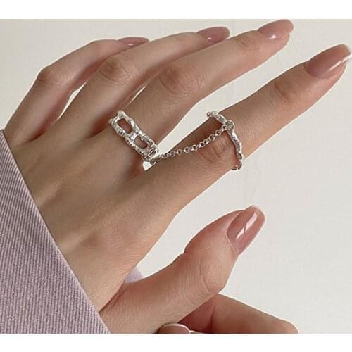 Personalized Real 925 Sterling Silver Double Rings For Woman Finger Accessories, Irregular Womans Ring Chain Fine Jewelry