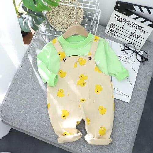 Baby Boys Girls Cute Cartoon Duck Clothes Set Autumn Spring New Fashion Toddler Kids O-neck Tops+Rompers Pants Newborn Outfits