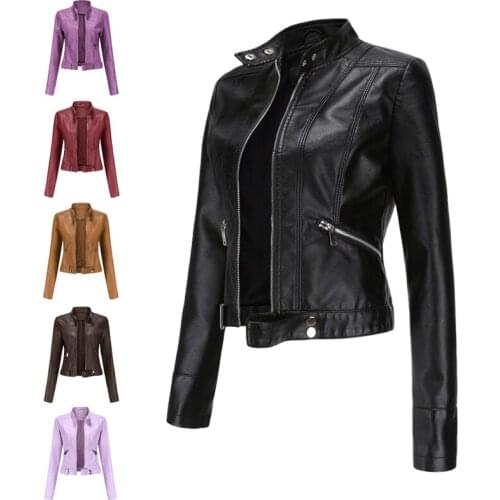 Spring Autumn Pu Faux Leather Jacket Women Black Purple Zipper Slim Short Moto Biker Jackets Coat Female Outwear