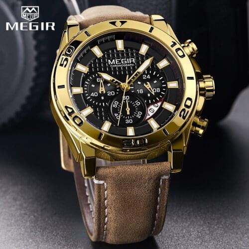 2021 MEGIR Chronograph Mens Watches Top Brand Luxury Golden Mens Quartz Watch Leather Waterproof Military Sport Watch Men Reloj