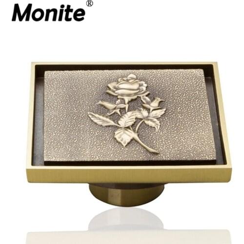 Monite Rose Pattern Antique Brass Invisible Floor Drain Bathroom Basin Sink Kitchen Floor Drain