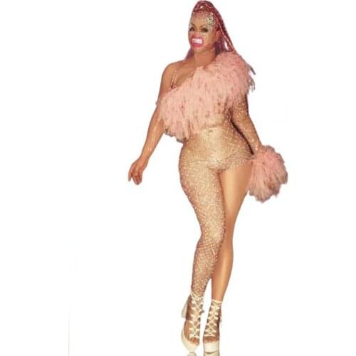 New Sexy Stage Rhinestones Spandex Jumpsuit One Shoulder Leggings Wedding Birthday Celebrate Bodysuit Outfit Dancer Costume