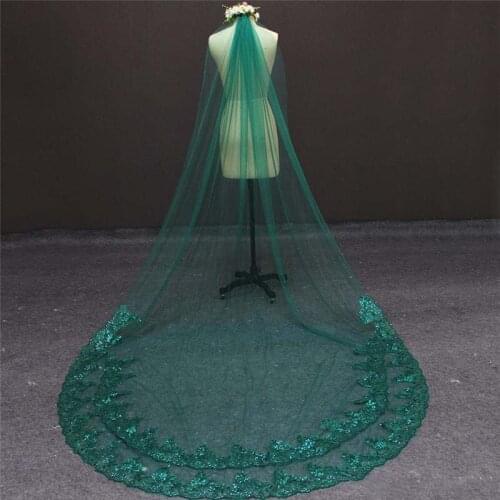 New Arrival One Layer Sequins Partial Lace Green Tulle Bridal Veil High Quality Wedding Accessories 7017