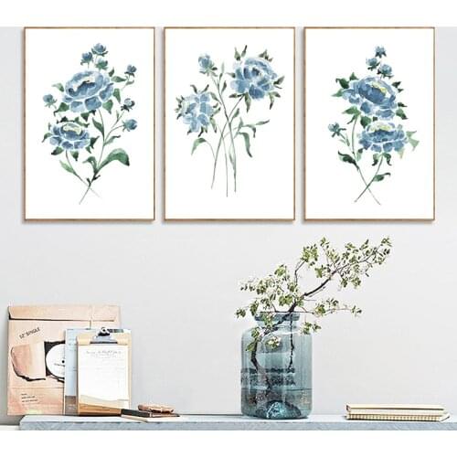 Peony Flower Watercolor Wall Art Prints Modern Abstract Navy Blue Floral Artwork Canvas Painting Living Apartment Room Decor