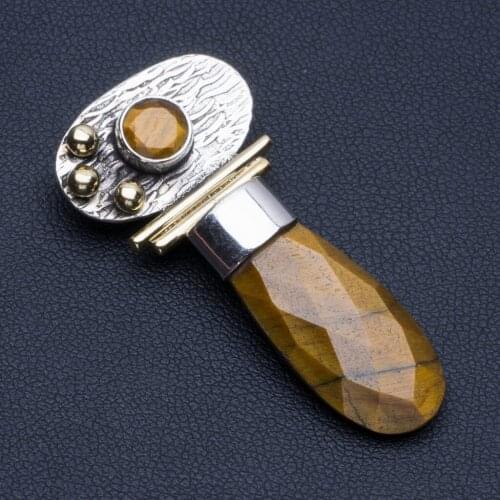 Natural Two Tones Tiger Eye Punk Style 925 Sterling Silver Pendant 1 3/4" R0179