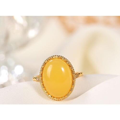 Simple Elegant Classical Beauty Natural Amber S925 Sterling Silver Yellow Beeswax Ring Rings Opening Ornament