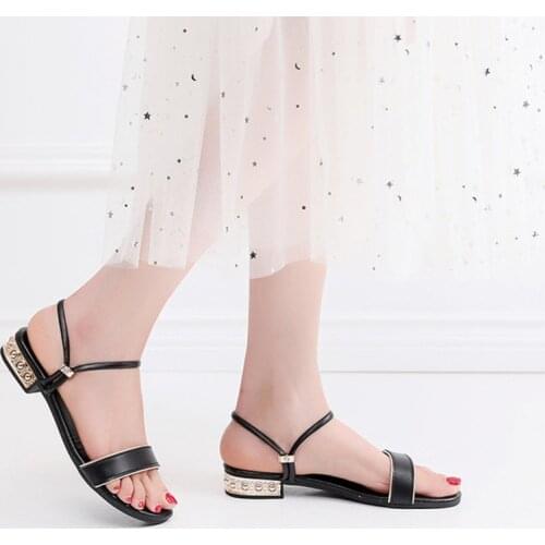 Womens Sandals Low Heels Genuine Leather Buckle Strap Female Shoes Summer Outdoor Beach Sandals Open Toe Fashion Lady Slippers
