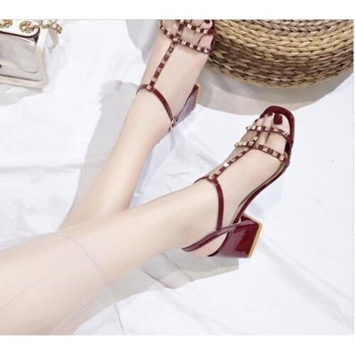 Classic sexy high heel women sandals solid color shallow mouth fish mouth thick with high heel red sandals rivets open toe high