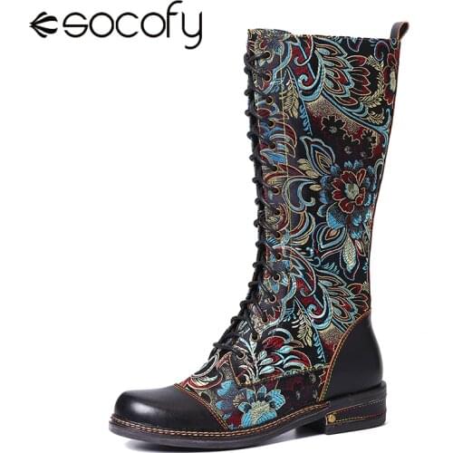 SOCOFY Flowers Pattern Colorful Stitching Elegant Zipper Lace Up Flat Mid Calf Boots Elegant Shoes Women Shoes Botas Mujer
