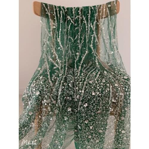 1 yard Dark Green Heavy Bead Tulle Lace Fabric With Florals For Bridal Dress, Beading And Sequined Mesh Fabric For Wedding Gown