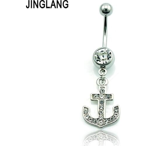 Piercing Jewelry Fashion Belly Button Rings 316L Stainless Steel Dangle Rhinestone Anchor Navel Rings Body Jewelry
