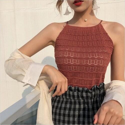 Women Camisoles Slim Knit Halter Neck Hollow Out Tank Tops Sleeveless T Shirts Solid Tees