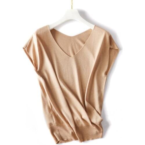 Silk cashmere blend knit women fashion solid v-neck thin t-shirt pullover tees batwing sleeve one&over size mix wholesale