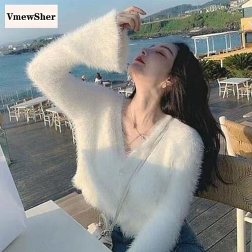 VmewSher Autumn Winter Faux Mink Fur Cardigan Women Short Sweater Coat Fashion Puffy V Neck Buttons Knitwear Elegant Knit Tops