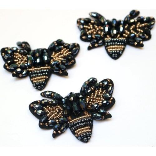 3pcs/lot black bee Embroidered beaded Patches for Clothing sew on rhinestone animals parche Appliques Decoration Badge parche