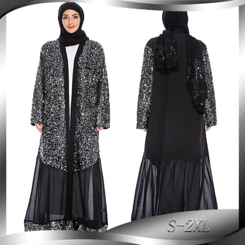 BianFeng Elegant Womens Fashion Luxury Sequins Abaya Burqa Hijab Dress Stitching Design Muslim Robe Long Sleeve Dress