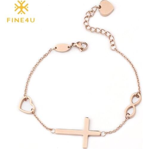 FINE4U B221 Stainless Steel Infinity Heart Love Cross Charms Bracelets Christian Bracelet Adjustable Religious Jewelry