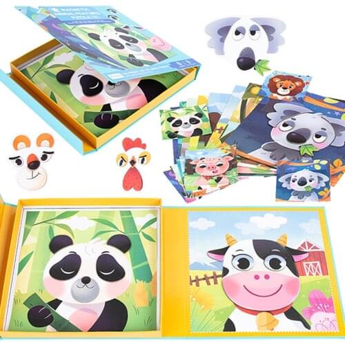 Baby Montessori Animal Magnetic Puzzle Toys Expression Jigsaw Boards Games Early Educational Cognition Toys For Toddler Portable