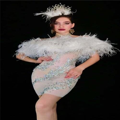 H25 Party dance stage costumes mesh rhinestones evening dress catwalk wear white feather tassel skirt perspective outfits disco