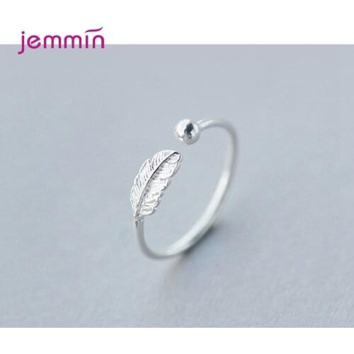 Original 925 Sterling Silver Ring Resizable Opening Band Finger Decoration Leaf Feather Jewelry for Women Girl Finger Ornaments