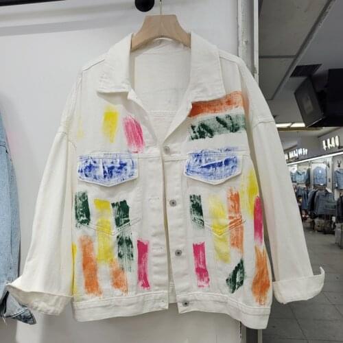Streetwear Hand Painted Graffiti Denim Jacket Women Loose White Black Blue Outwear Korean Fashion Short Jeans Jacket Coat Female