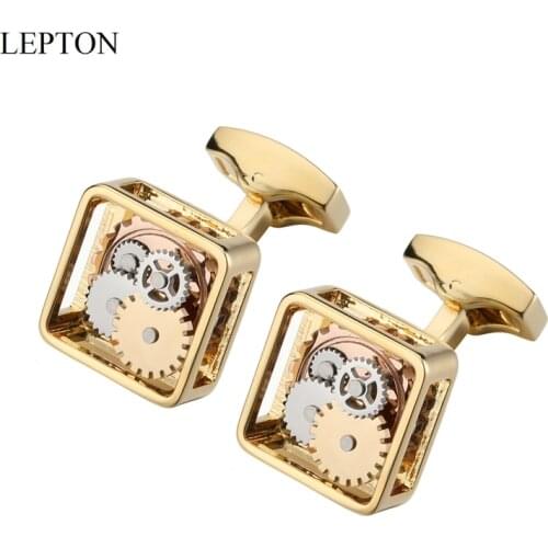 Lepton Gold Color Square Framed Steampunk Gear Watch Mechanism Cufflinks For men Business wedding cuff links Relojes gemelos