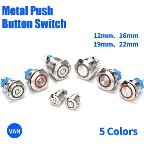 12/16/19/22mm Metal push button switch Flat Waterproof Flat circular button LED light Momentary self-lock/reset button 6V 12V