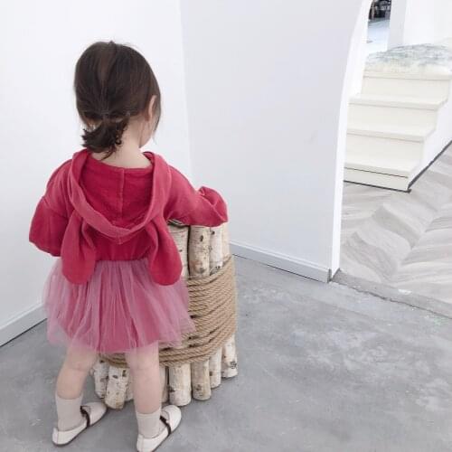 Cute Girls Rabbit Ears Hooded Dress Patchwork Long Sleeve Mesh Princess Dresses Children Clothing Dress Girls Clothes Autumn