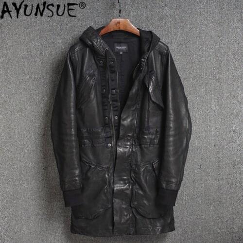 AYUNSUE Retro Genuine Leather Jacket Men Hooded Long Sheepskin Coat Spring Autumn Long Luxury Motorcycle Jacket Men 2020 KJ4734