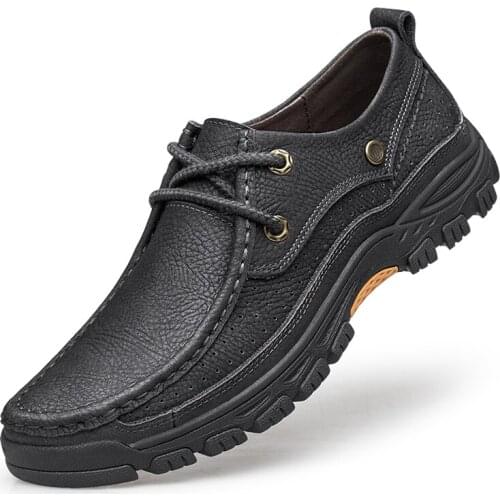 Men Casual Shoes Brand Genuine Leather Mens Loafers Moccasins Comfy Breathable Slip on Hiking Shoes Black Plus Size 46