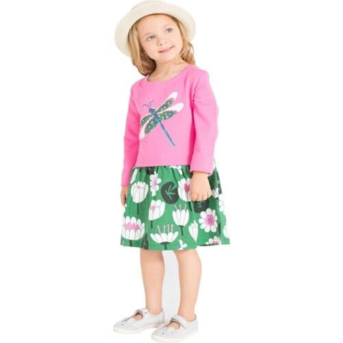 Little Bitty New Spring Autumn Kids Rose Dragonfly Patchwork O-neck Girls Lotus 4-11yrs Full-sleeved Cotton Knitted Dresses