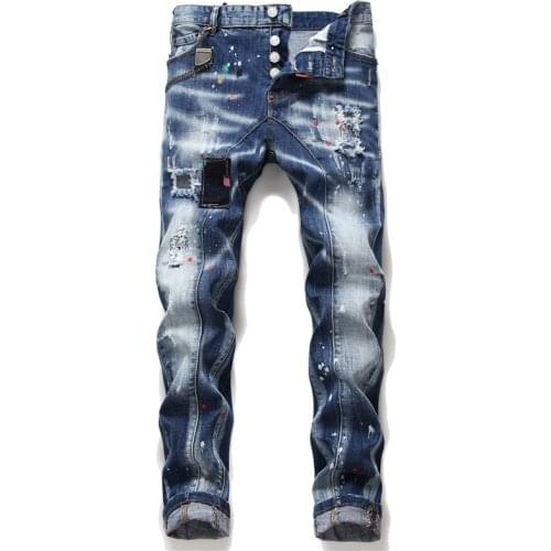 Fall and Winter New Splash Paint Mens Jeans Slim Fit Patch Stretch Tight Straight Leg Pants Youth Casual Streetwear Man Pants