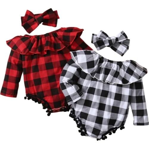 Baby Girls Autumn Rompers Toddler Newborn Infant Baby Girls Plaid Long Sleeve Ruffles Romper Jumspuits Headband Xmas Outfis