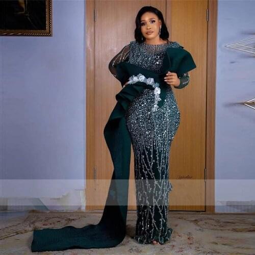 Major Beads Sequined Aso Ebi Prom Dresses Sequined Flowers Appliques Plus Size Evening Gowns Long Sleeves African Party Vestidos