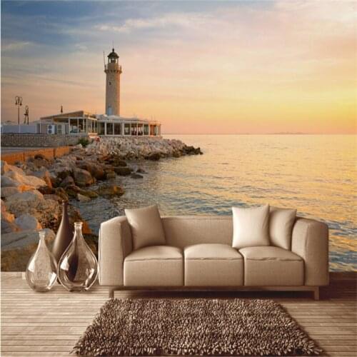 Custom Photo Wallpaper 3D Stereo Embossed Wallpaper Sunset Under The Lighthouse Of The Aegean Sea For Living Room TV Background