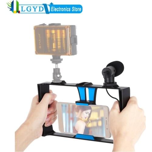 PULUZ Smartphone Video Rig 2 in 1 Live Broadcast Video Cage + Microphone Kits for iPhone, Galaxy, Huawei, Xiaomi, HTC, LG