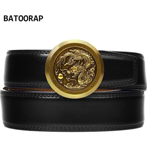 BATOORAP Brand Men Belt Genuine Leather Luxury High Quality Gold Metal Buckle Dragon Fashion Black Cowhide Belt Strap WL-E30