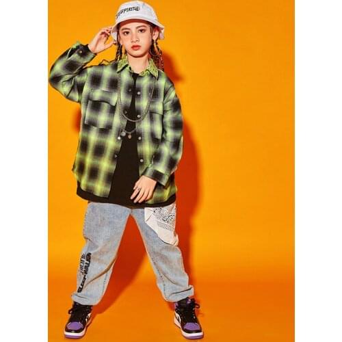 Rave Outfit Kids Green Hip Hop Dance Clothes Green Performance Costume Street Dance Wear Cargo Pants Festival Clothing DL7956
