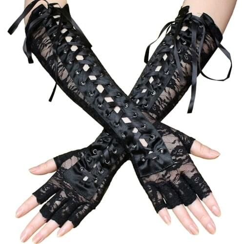 Sexy Lace Long Gloves Winter Elbow Length Half-finger Gloves Ribbon Fingerless Fishnet Mesh Etiquette Party Goth Glove For women