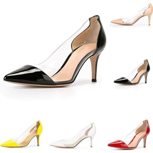 Sexy womens 5.5 cm pointed transparent shallow shoes PVC kitten high heels wedding professional suit 678-27PA