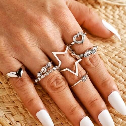 Tocona 7pcs/sets Vintage Silver Color Heart Ring Sets for Women Shiny Rhinestone Lovely Heart Joint Ring Jewelry Anillo 14390