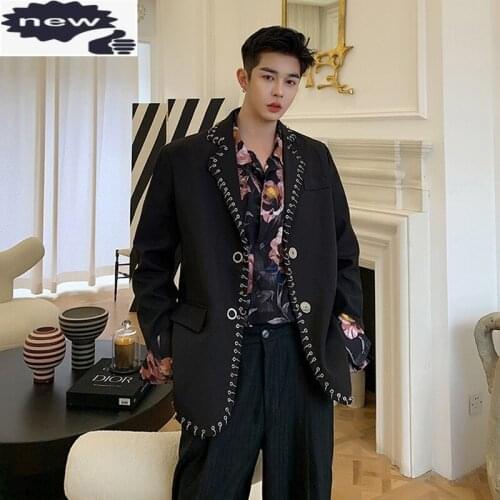 Vintage Designer Blazer Men Street Metal Decoration Hip-Hop Coat Autumn New Square Collar Single Breasted Black Suit Jacket