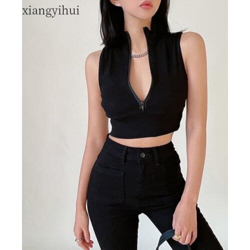 Turtleneck Casual Sleeveless Tank Vest Fashion Zipper Slim Fit Tops Womens 2021 Spring Summer Womens Clothing Black White Grey
