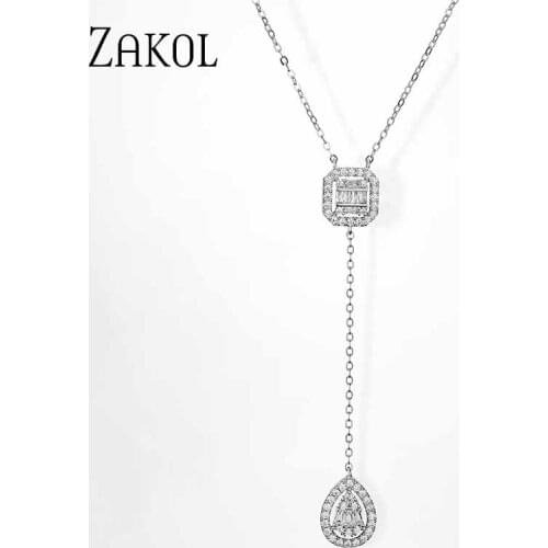 ZAKOLSimple square drop-shaped zirconia pendant Charm necklace fashion jewelry wedding for bride Gift For Girlfriend FSNP2068