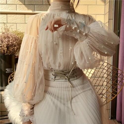 Autumn Beading Mesh Blouse Women Sweet Lantern Sleeve Pearls Gauze Blouses Ladies Elegant Shirt Tops Stand Collar Chiffon Y576