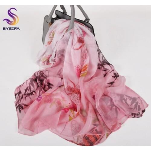 BYSIFA| Chinese Style Pink Natural Silk Scarves Bandanas Summer Women Long Silk Scarf Shawl Fashion Brand Ladies Floral Scarves