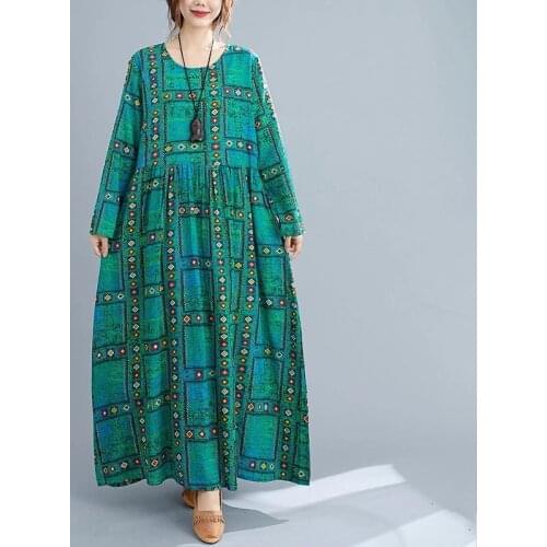 Long Sleeve Plus Size Cotton Linen Vintage floral For Women Casual Loose Autumn Dress Elegant Clothes 2021 Ladies Dresses