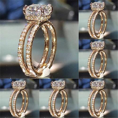 Gold Color Double Decker crown Ring Engagement Wedding shiny womens gold white ring